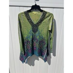 Women’s Daniel Benjamin Blouse Shirt Size XL Colorful Sharkbite Hem Linen Blend